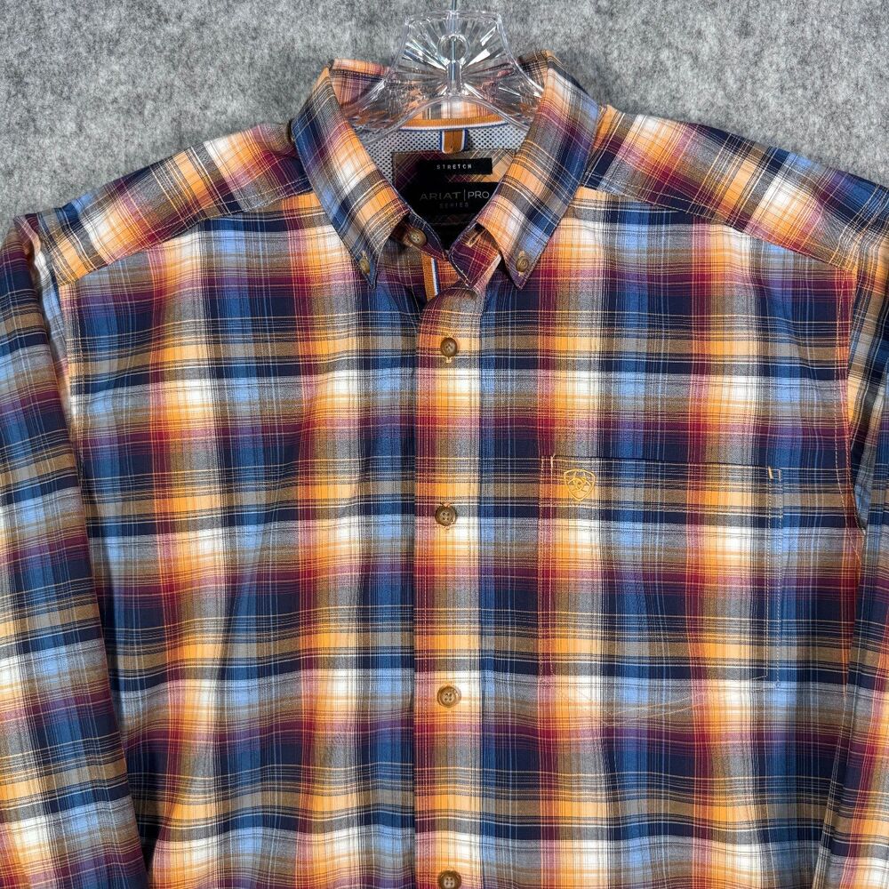 Ariat Pro Series Shirt Mens Medium Orange Plaid Western Rodeo Cowboy Button Down